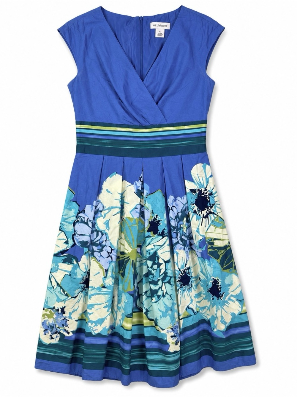 Liz Claiborne Blue Floral Fit & Flare Dress SZ 6 Cotton V Neck Knee Length Party